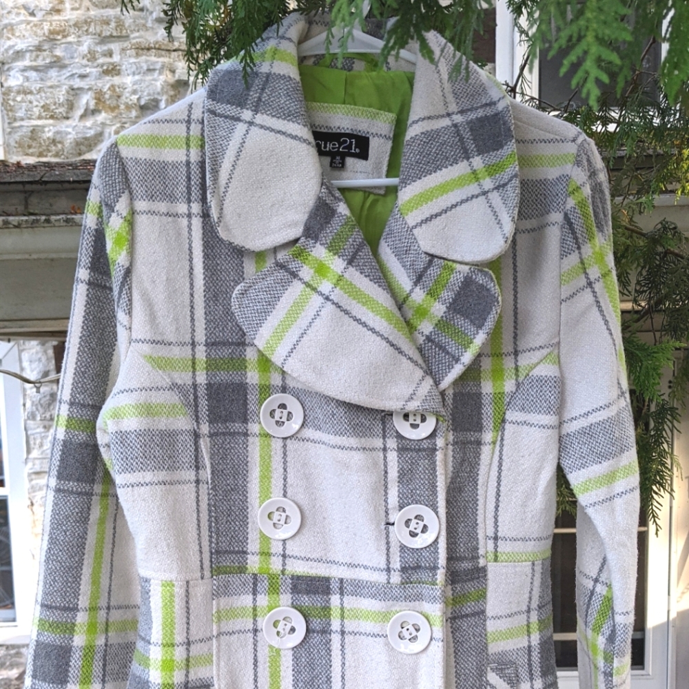 Rue 21 Lime Green Double Breasted Plaid Pea Coat